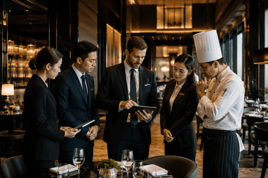 Business professionals dining at luxury restaurant