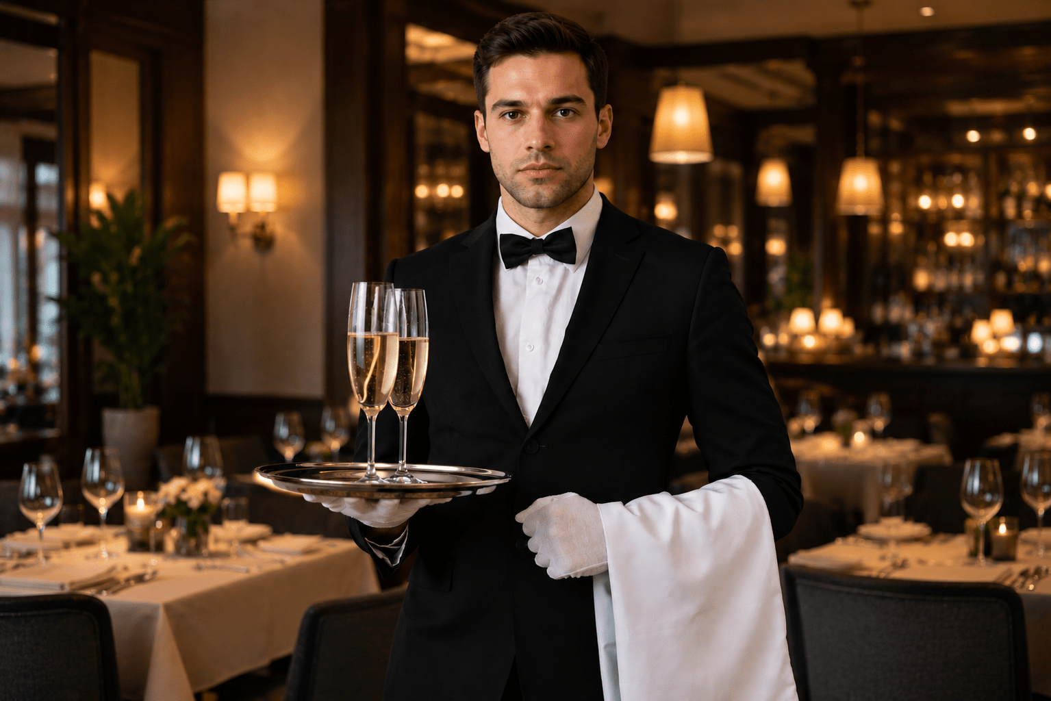 Professional waiter serving champagne in an elegant restaurant