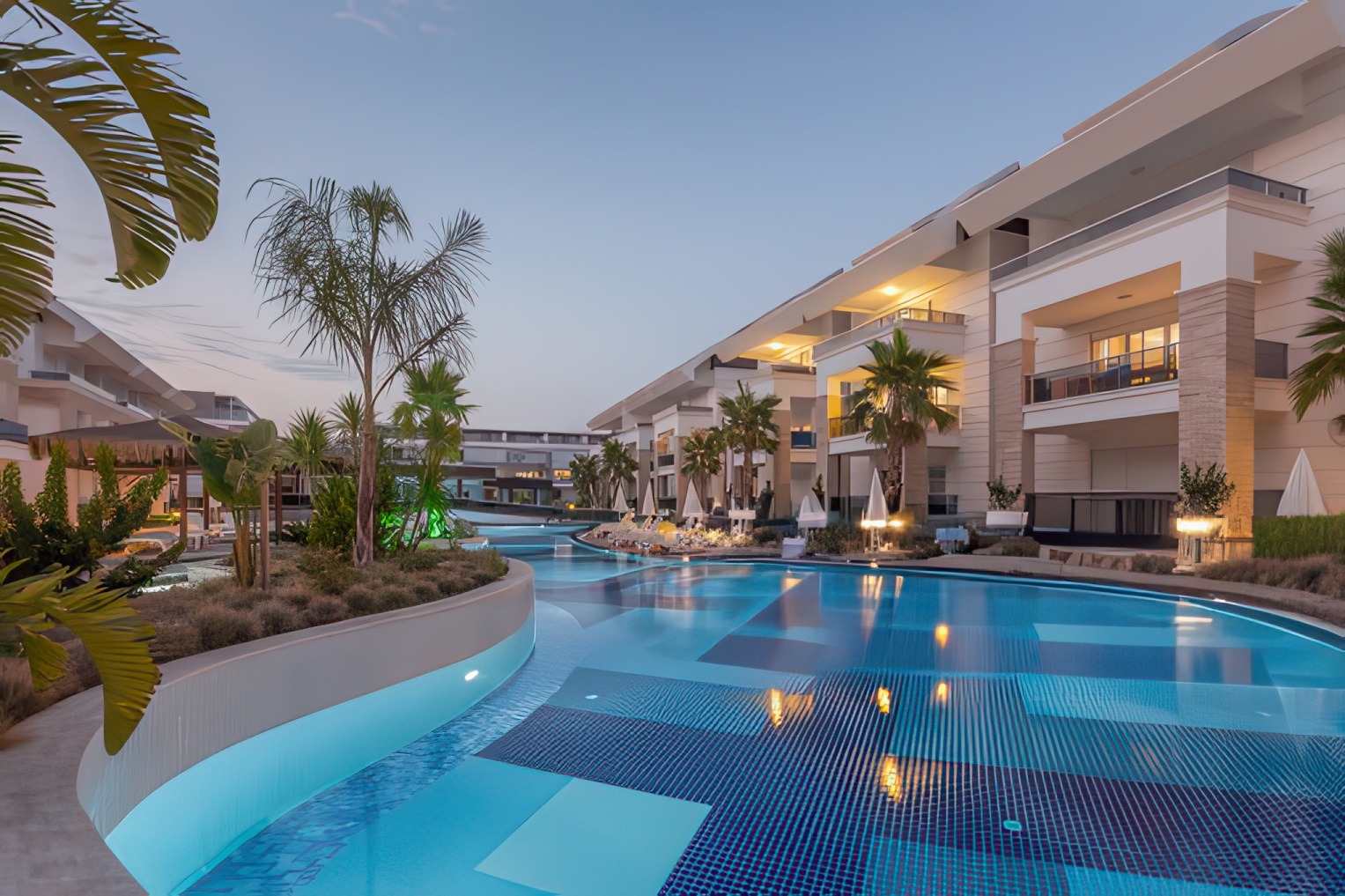 Luxury resort hotel with swimming pool exterior